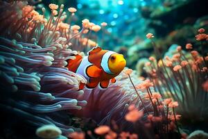 Clown Anemonenfisch, Amphiprion Perkula, Schwimmen unter das Tentakeln von es ist Anemone heim. foto