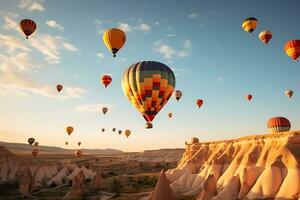 bunt heiß Luft Luftballons fliegend Über Felsen Landschaft. Kappadokien, Truthahn. ai generiert. foto