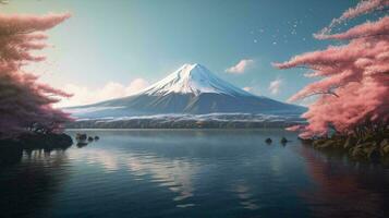 ein groß Berg mit ein Schnee Deckel beim das oben im Japan mit Kirsche Blüten im das Hintergrund von ein zystisch See Landschaft. ai generiert foto