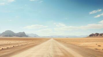 Wüste Landschaft mit Sand Straße, ein lange Gerade Schmutz Straße verschwindet in das entfernt, Karikatur Stil, generativ ai Illustration foto