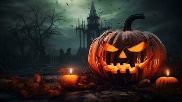 düster Halloween Hintergrund mit gespenstisch Kürbisse, gespenstisch Halloween verfolgt Villa. foto