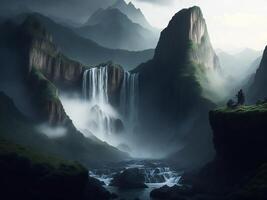 ein Wasserfall im das Berge mit ein dunkel Himmel ai generiert foto