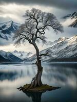 ein einsam Baum steht auf das Ufer von ein See mit Berge im das Hintergrund ai generiert foto