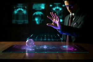 Foto ein Mann im ein passen ist berühren Hologramm Bildschirm im Vorderseite von ein Schreibtisch mit ein Graph auf Es. generativ ai