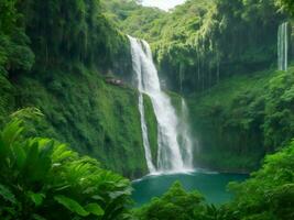 ein Wasserfall umgeben durch üppig Grün Vegetation ai generiert foto