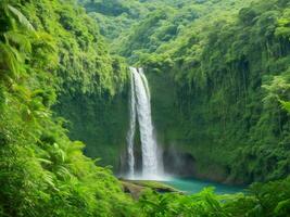 ein Wasserfall umgeben durch üppig Grün Vegetation ai generiert foto
