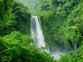 ein Wasserfall im das Urwald umgeben durch üppig Grün Vegetation ai generiert foto