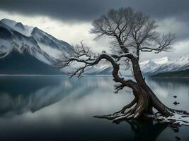 ein einsam Baum steht auf das Ufer von ein See mit Berge im das Hintergrund ai generiert foto