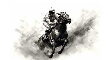 generativ ai, Tinte gemalt Rennen Pferd mit Jockey, Pferdesport Sport, einfarbig Illustration foto