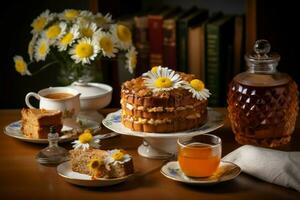 Tee Tabelle Kuchen Honig. generieren ai foto