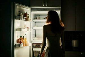 Frau Nacht öffnen Kühlschrank Lebensmittel. generieren ai foto