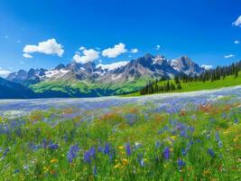 das Wiese von Blumen und Berge ai generiert foto