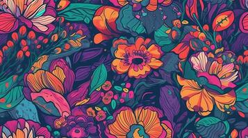 generativ ai, Blumen- bunt nahtlos Muster. lisa frank und James Jean inspiriert natürlich Pflanzen und Blumen Hintergrund, psychedelisch Illustration. Laub Ornament. foto