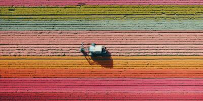 generativ ai, Bauernhof bunt Landschaft, landwirtschaftlich Felder, schön Landschaft, Land Straße. Natur Illustration, oben Aussicht Drohne, horizontal Banner. foto