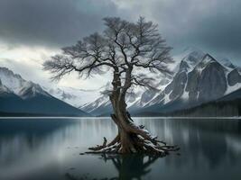 ein einsam Baum steht auf das Ufer von ein See mit Berge im das Hintergrund ai generiert foto