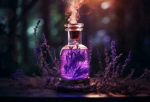 generativ ai, ein Flasche von wesentlich Öl mit frisch Lavendel Zweige mit Rauch auf dunkel Hintergrund, Kräuter- Öl und Blumen foto