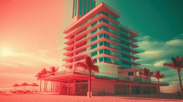 generativ ai, Miami Sommer- Stimmung retro Illustration. Jahrgang Rosa und Blau Farben, Gebäude, Kalifornien Palmen, 80er Jahre Stil foto