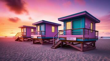 generativ ai, Miami Strand Hütten, Sommer- Stimmung retro Illustration. Jahrgang Rosa und Blau Farben, Gebäude, Kalifornien Palmen, 80er Jahre Stil foto