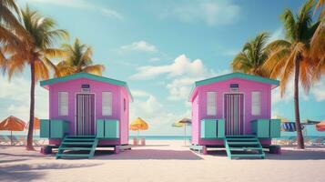 generativ ai, Miami Strand Hütten, Sommer- Stimmung retro Illustration. Jahrgang Rosa und Blau Farben, Gebäude, Kalifornien Palmen, 80er Jahre Stil foto