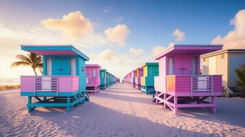 generativ ai, Miami Strand Hütten, Sommer- Stimmung retro Illustration. Jahrgang Rosa und Blau Farben, Gebäude, Kalifornien Palmen, 80er Jahre Stil foto