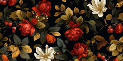 generativ ai, Blumen- bunt Muster. Wilhelm morris inspiriert natürlich Pflanzen und rot Blumen Hintergrund, Jahrgang Illustration. Laub Ornament. foto