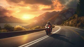 generativ ai, Motorrad Fahrer auf Straße Reiten, Sonnenuntergang Himmel, haben Spaß Fahren das leeren Autobahn auf ein Motorrad Tour Reise foto