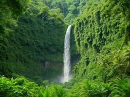 ein Wasserfall umgeben durch üppig Grün Vegetation ai generiert foto