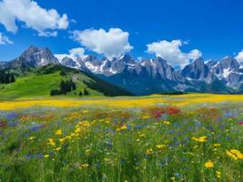 das Wiese von Blumen und Berge ai generiert foto