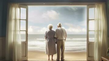 generativ ai, ein Senior Paar suchen zu das Ozean oder Meer, haben Spaß beim das Strand foto