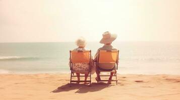 generativ ai, ein Senior Paar suchen zu das Ozean oder Meer, haben Spaß beim das Strand foto