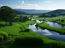 ein Fluss läuft durch ein üppig Grün Senke ai generiert foto