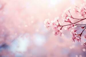 Kirsche blühen im Frühling Über Blau Himmel Hintergrund mit Kopieren Raum, schön Kirsche blühen Hintergrund mit Sanft Fokus und Bokeh, ai generiert foto