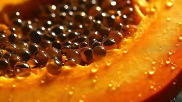 generativ ai, Makro frisch Hälfte von Papaya Obst Hintergrund. tropisch exotisch Nahansicht Foto mit Tropfen