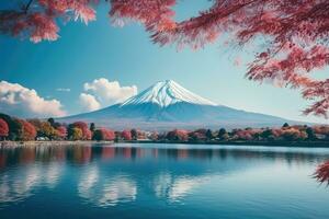 mt. Fuji und See Kawaguchiko, Japan. schön Fuji Berg und See Landschaft Aussicht mit bunt Baum Blätter, ai generiert foto