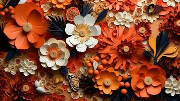 generativ ai, Papier Schnitt Kunst Blumen und Blätter, Aprikose zerquetschen Orange Farbe, Origami texturiert Hintergrund, Frühling Stimmung. Blumen- Rahmen Layout. foto