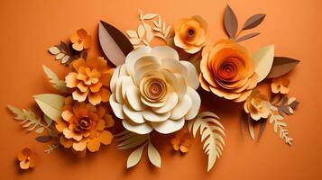 generativ ai, Papier Schnitt Kunst Blumen und Blätter, Aprikose zerquetschen Orange Farbe, Origami texturiert Hintergrund, Frühling Stimmung. Blumen- Rahmen Layout.. foto