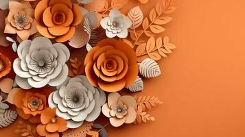 generativ ai, Papier Schnitt Kunst Blumen und Blätter, Aprikose zerquetschen Orange Farbe, Origami texturiert Hintergrund, Frühling Stimmung. Blumen- Rahmen Layout.. foto