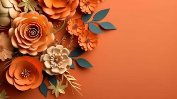 generativ ai, Papier Schnitt Kunst Blumen und Blätter, Aprikose zerquetschen Orange Farbe, Origami texturiert Hintergrund, Frühling Stimmung. Blumen- Rahmen Layout.. foto