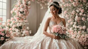 Braut sitzt und Pose im ein elegant Hochzeit Kleid mit ein Strauß von Baby Rosa Rosen foto