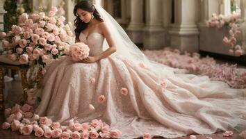 Braut sitzt im trägerlos Süss Herz Ausschnitt Hochzeit Kleid mit Perlen Spitze Einzelheiten und ein lange Schleier foto