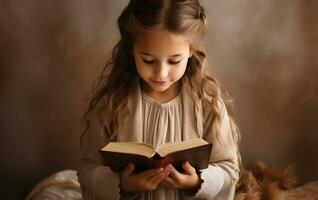 süß Kind Mädchen lesen Bibel Buch. Anbetung beim heim. foto