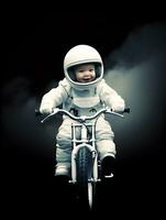 Kind Raumfahrer oder Astronaut Reiten Fahrrad im Galaxis Raum foto