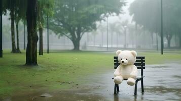 Teddy Bär Spielzeug Sitzung auf das hölzern Bank im das Regen foto