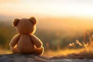 zurück Aussicht von Teddy Bär Spielzeug Sitzung mit Hintergrund von Berg Aussicht beim Sonnenuntergang. foto