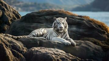 Weiß Tiger oder gebleicht Tiger Lügen auf das Felsen beim das Meer. ai generiert foto