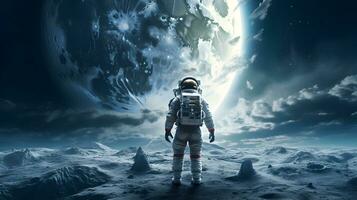 Raumfahrer oder Astronaut auf das Oberfläche von Mond. ai generiert. foto