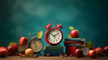Bücher, Uhr und Äpfel auf das Tisch. Konzept von zurück zu Schule. ai generiert foto