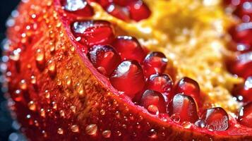 generativ ai, Makro frisch saftig Hälfte von Granatapfel Obst Hintergrund. Nahansicht Foto