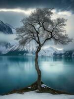 ein einsam Baum steht auf das Ufer von ein See mit Berge im das Hintergrund ai generiert foto