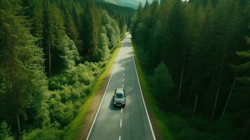 generativ ai, Antenne Aussicht von Straße zwischen Grün Wald, Grün Landschaft foto